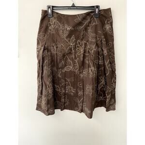 Y2K Boho Brown Embroidered Box Pleat Midi Womens Skirt Sz 12